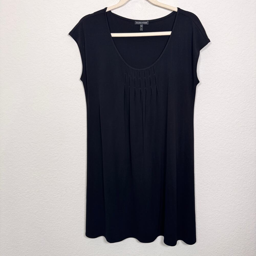 Eileen Fisher Womens 100% Silk Mini Dress Size L Flowy Pleated Minimal Black
